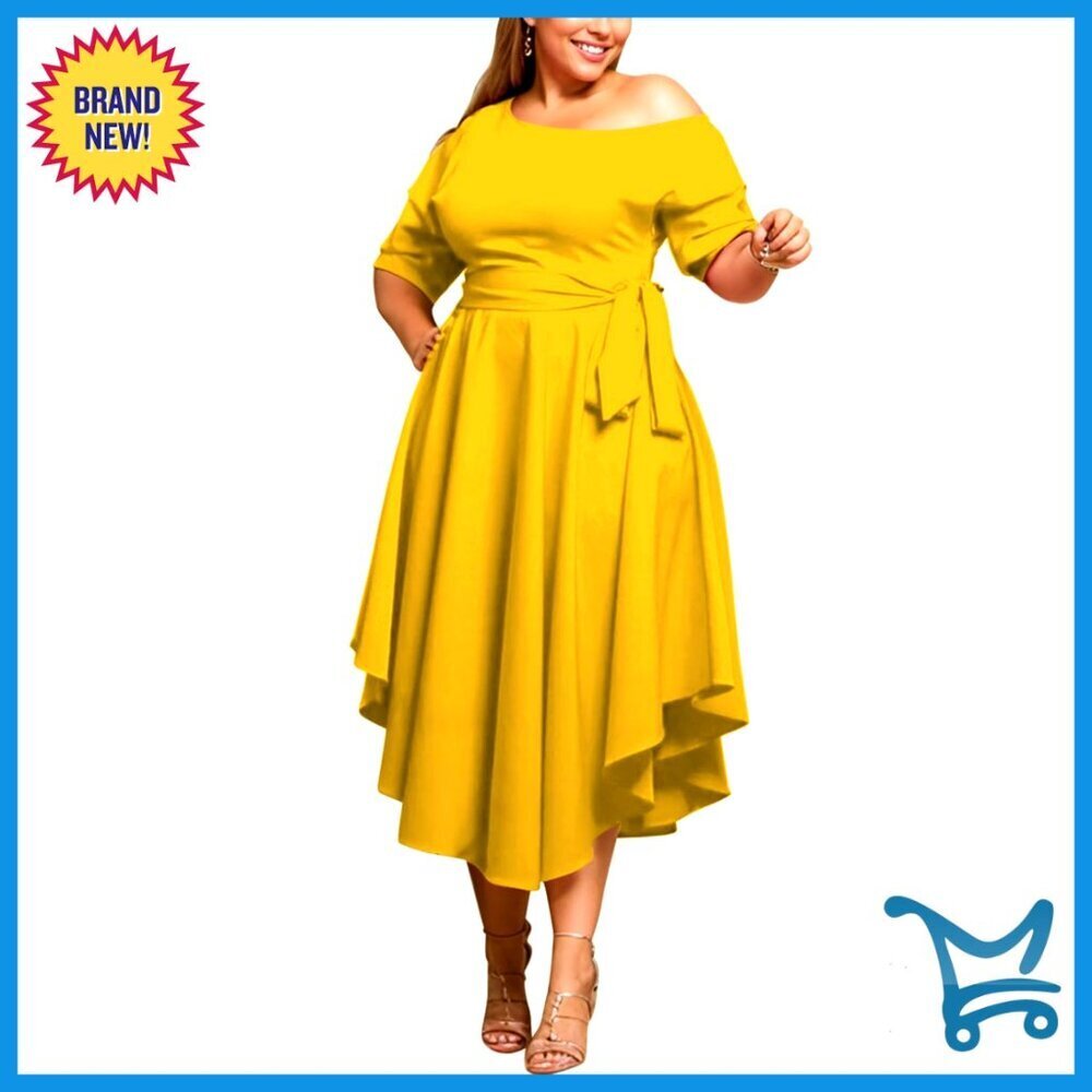 Off Shoulder Boat Neck Midi Dress Flowy Elegant Formal Wedding Guest Church Wear
